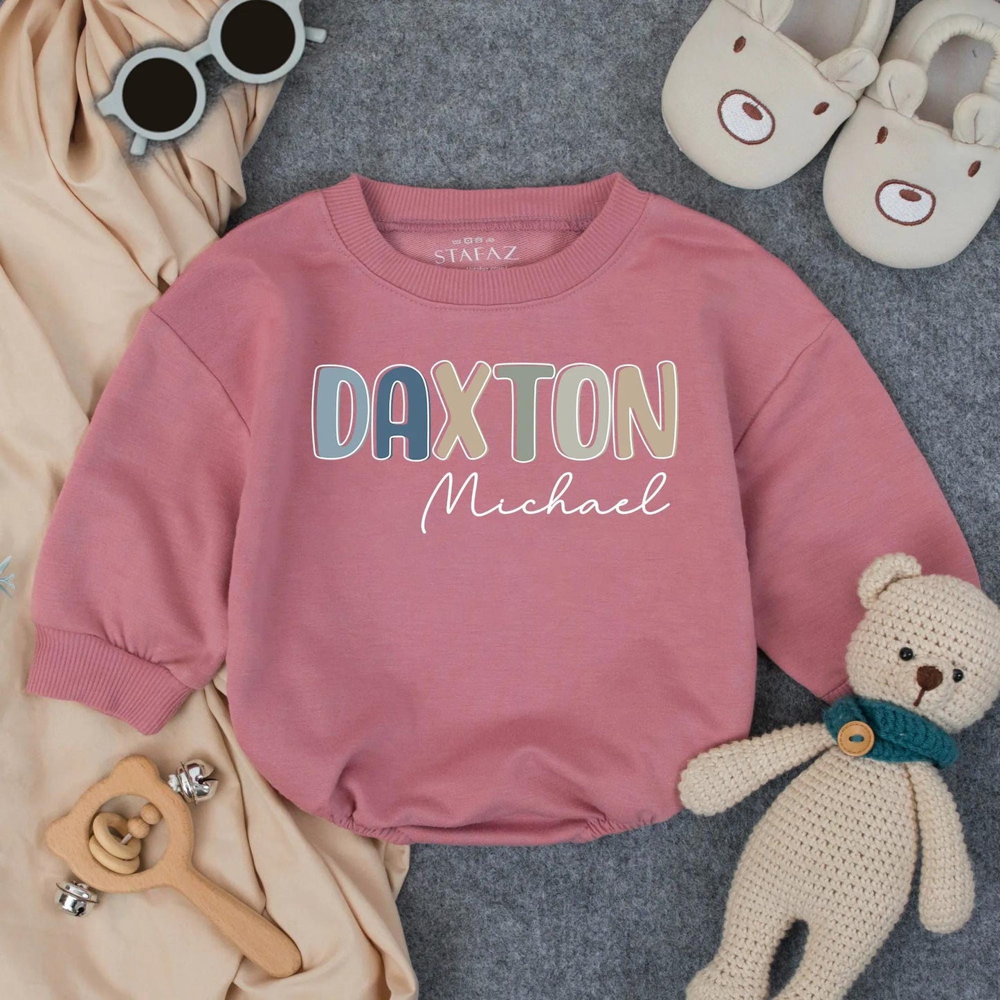 Personalized Boy Name Bubble Romper Infant Bodysuit for Toddler Birthday Gift with modern pastel block and cursive design for Baby Shower Clothes