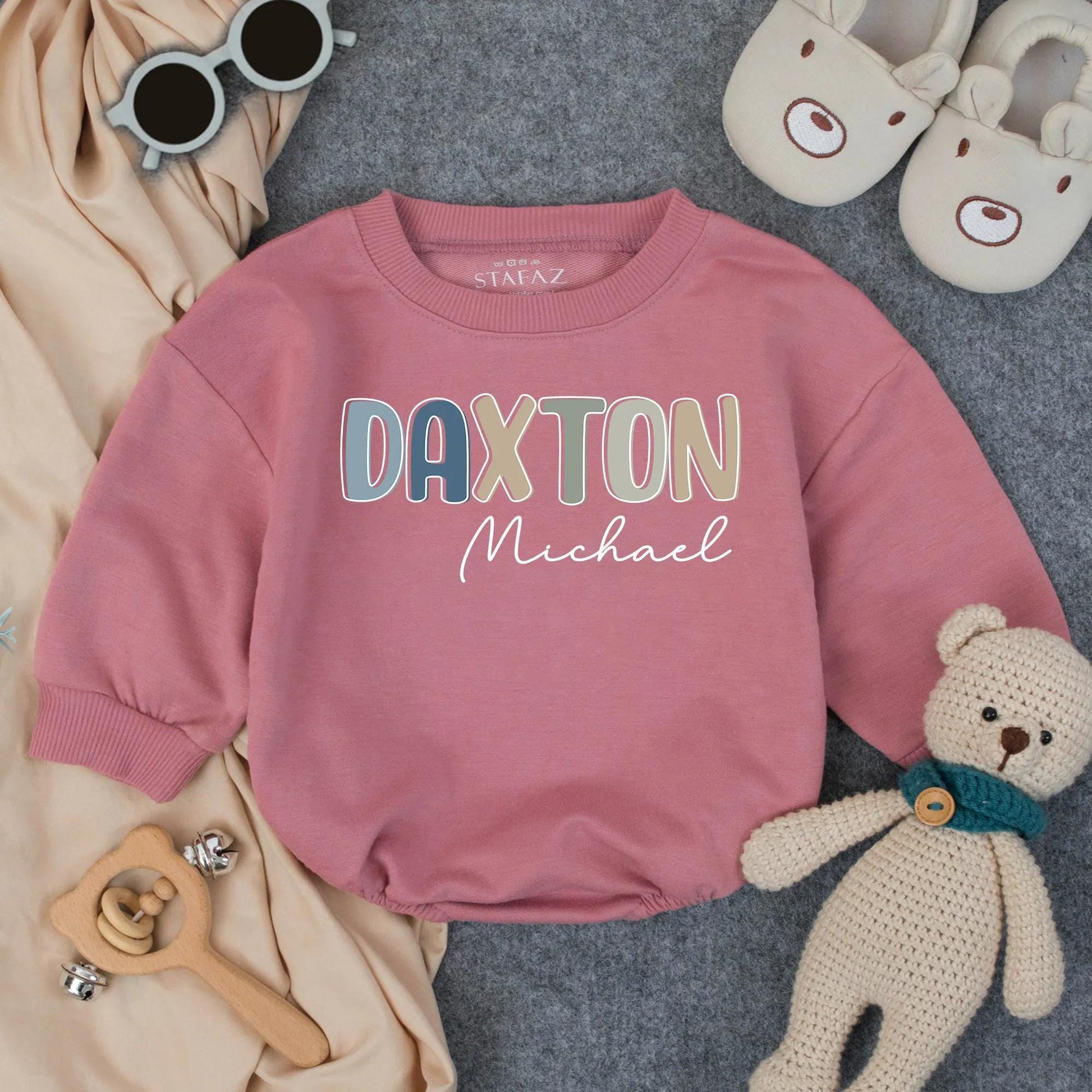 Personalized Boy Name Bubble Romper Infant Bodysuit for Toddler Birthday Gift with modern pastel block and cursive design for Baby Shower Clothes
