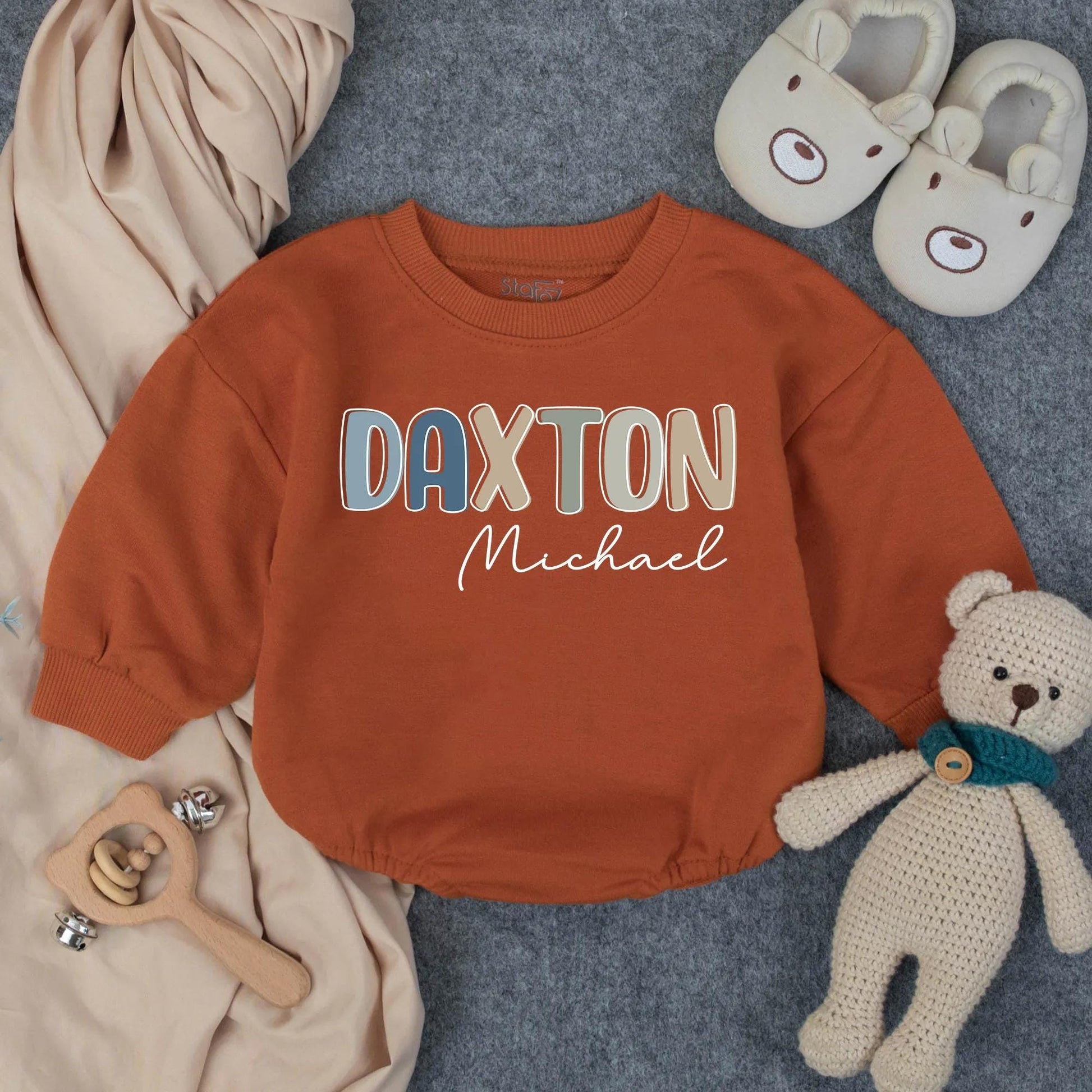 Personalized Boy Name Bubble Romper Infant Bodysuit for Toddler Birthday Gift with modern pastel block and cursive design for Baby Shower Clothes