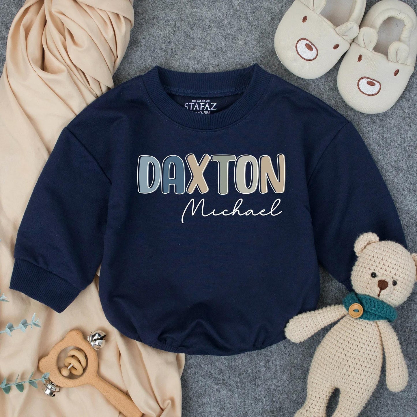 Personalized Boy Name Bubble Romper Infant Bodysuit for Toddler Birthday Gift with modern pastel block and cursive design for Baby Shower Clothes