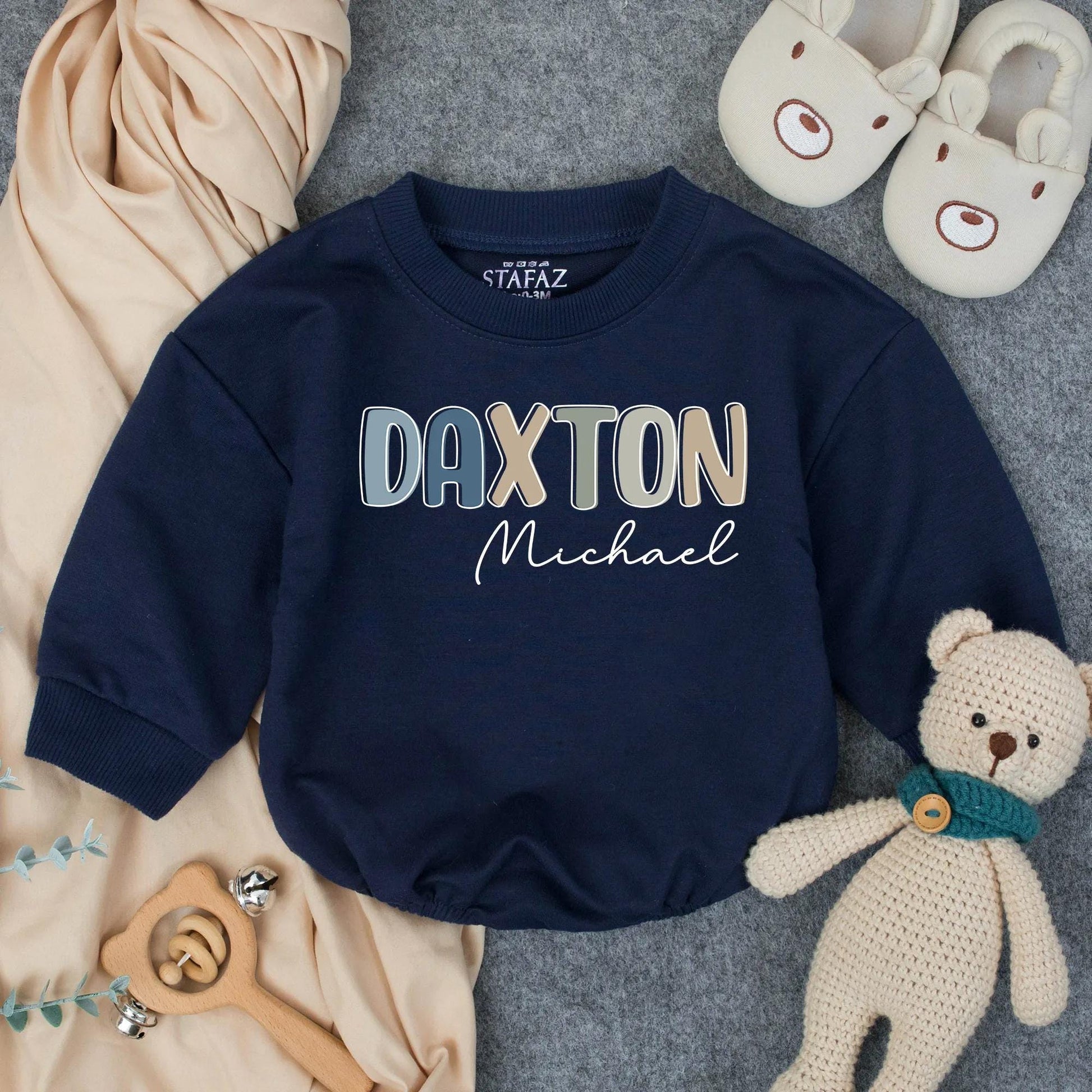 Personalized Boy Name Bubble Romper Infant Bodysuit for Toddler Birthday Gift with modern pastel block and cursive design for Baby Shower Clothes