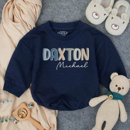 Personalized Boy Name Bubble Romper Infant Bodysuit for Toddler Birthday Gift with modern pastel block and cursive design for Baby Shower Clothes