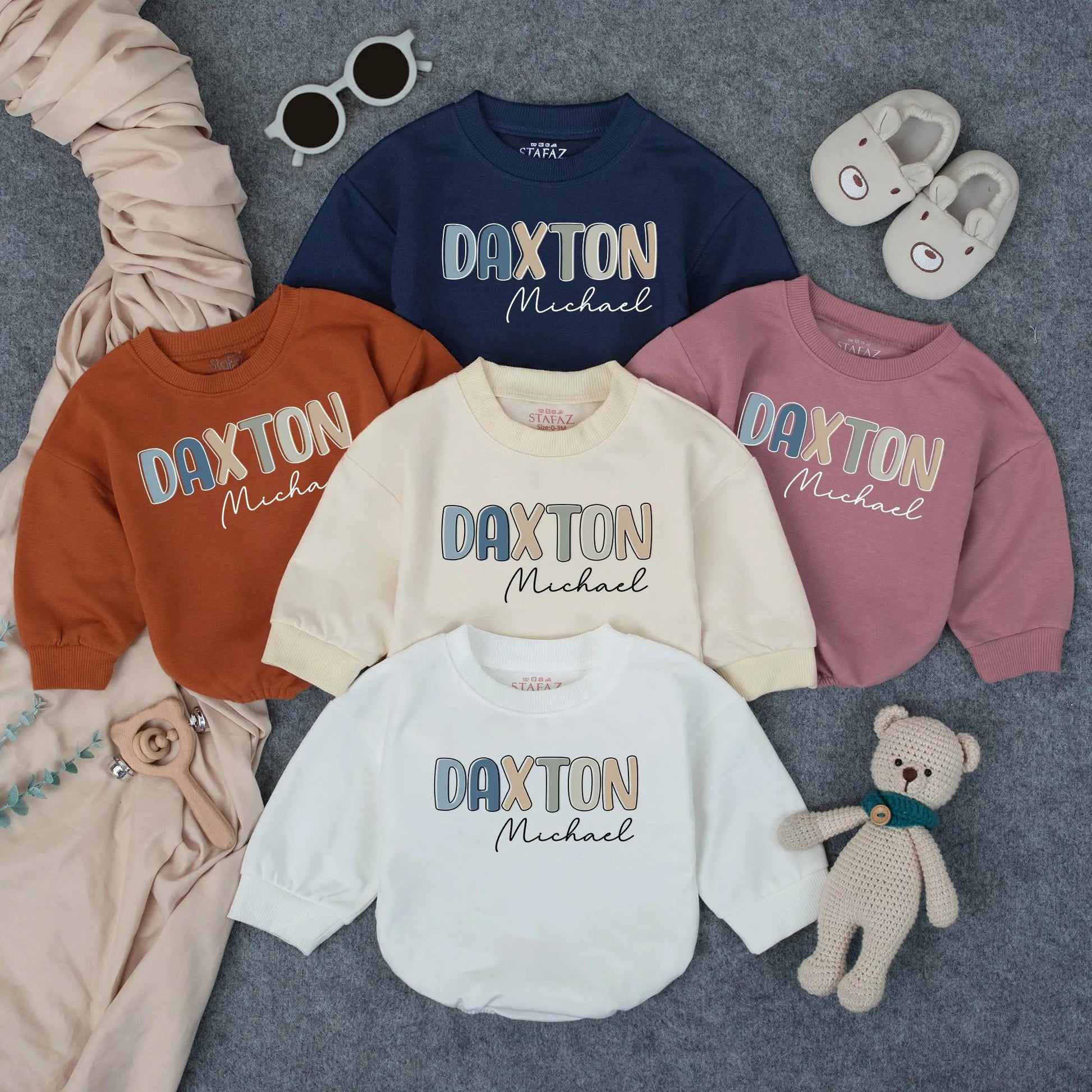 Personalized Boy Name Bubble Romper Infant Bodysuit for Toddler Birthday Gift with modern pastel block and cursive design for Baby Shower Clothes