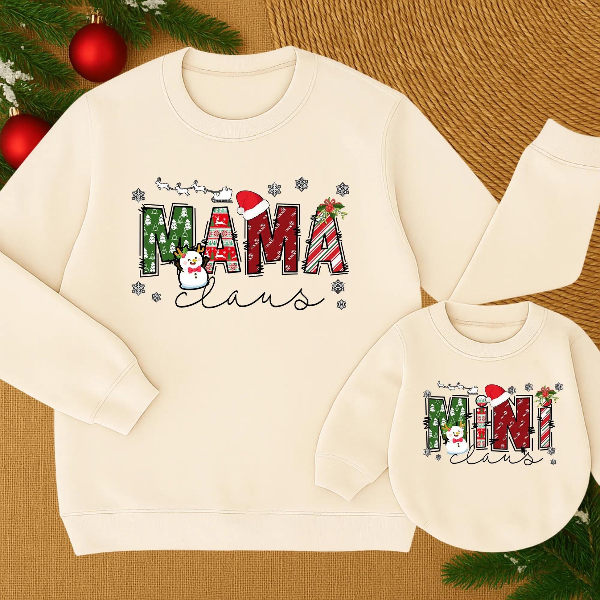 Personalized Mama Claus and Mini Claus Christmas Sweatshirts Festive Trees Candy Cane Design Family Holiday Matching Mommy Daughter Sweater