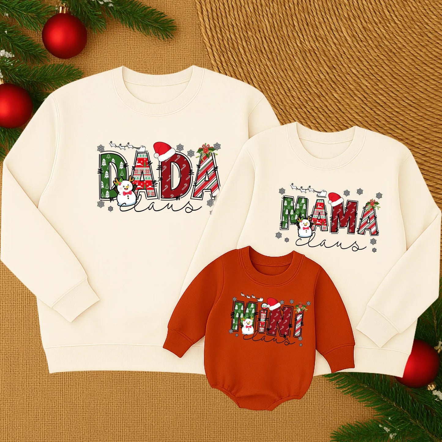 Personalized Mama Claus and Mini Claus Christmas Sweatshirts Festive Trees Candy Cane Design Family Holiday Matching Mommy Daughter Sweater