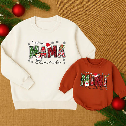 Personalized Mama Claus and Mini Claus Christmas Sweatshirts Festive Trees Candy Cane Design Family Holiday Matching Mommy Daughter Sweater
