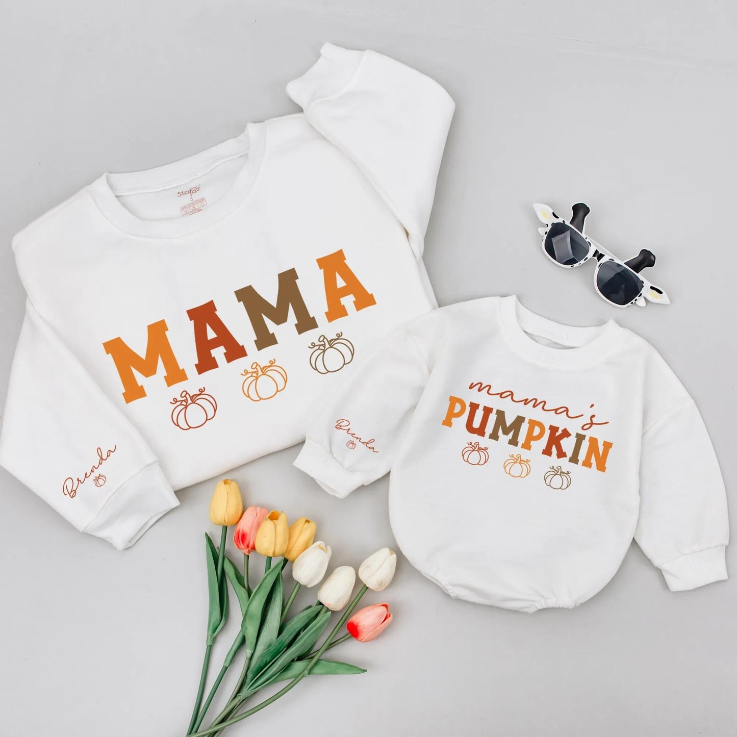 Mama and Mama's Pumpkin Patch Matching Family Sweatshirts Cozy Fall Mommy and Me Outfits Thanksgiving Shirt