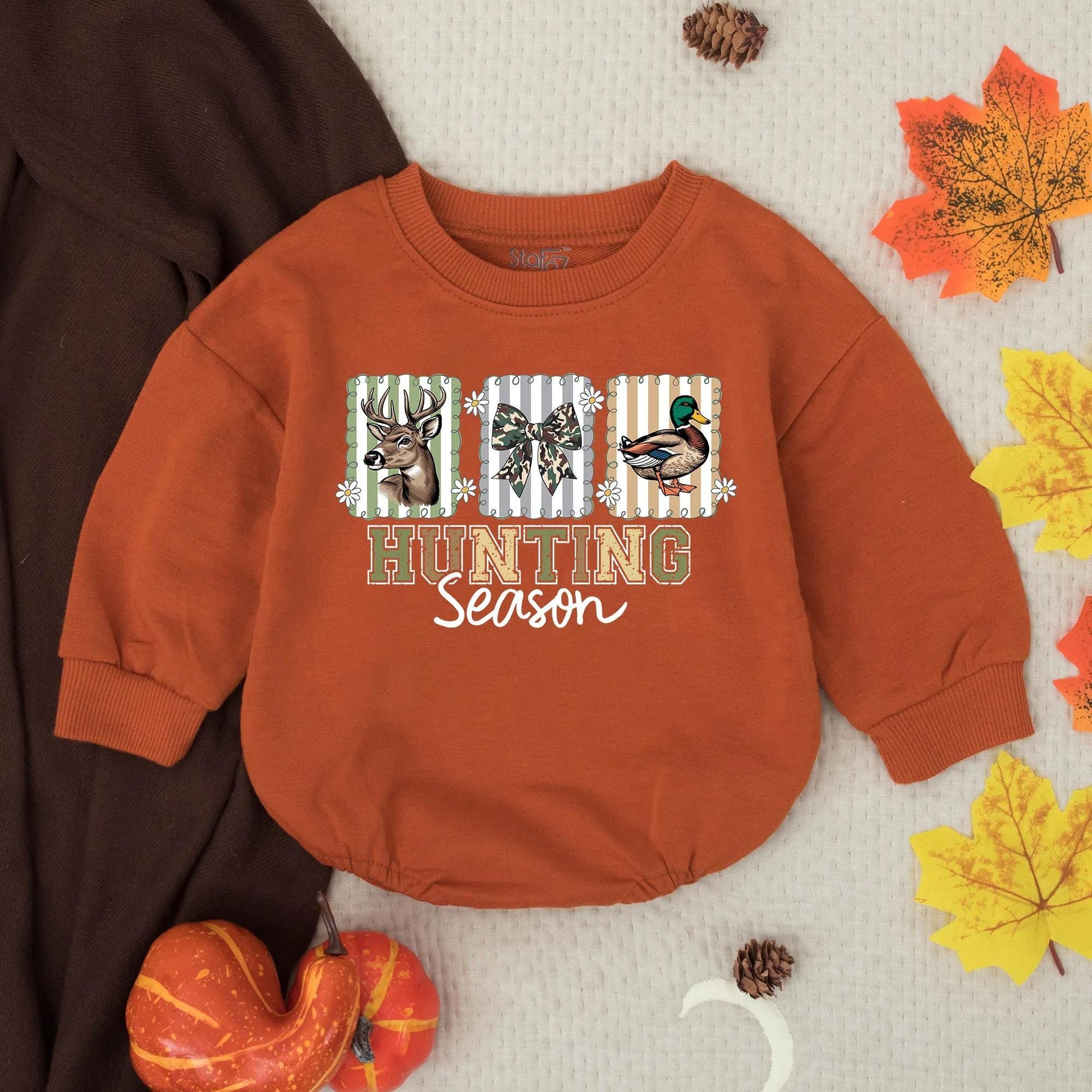 Personalized Hunting Season Mallard Duck Deer Camo Baby Romper Rustic Striped Infant Bodysuit Southern Boy Toddler Outfit Gift