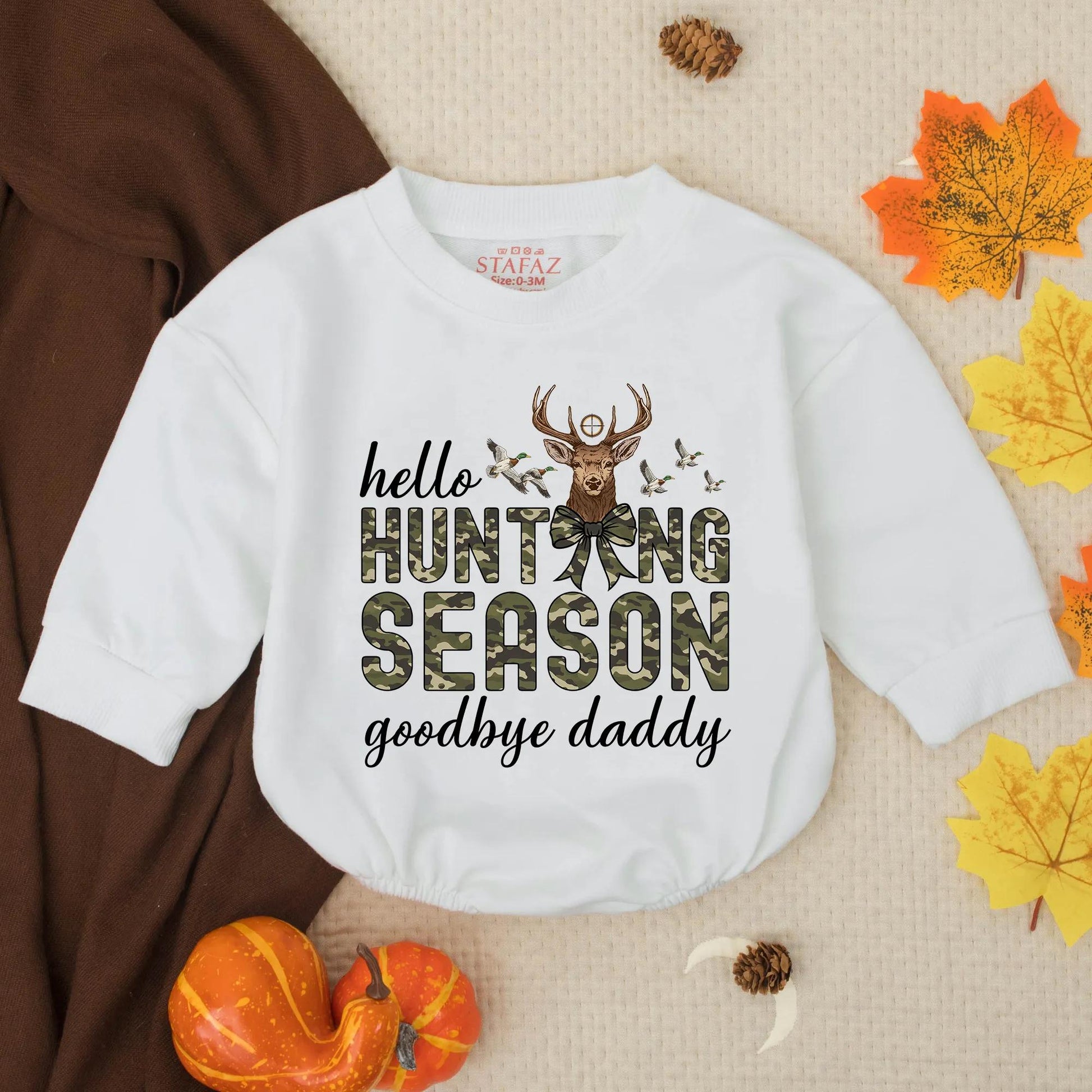 Personalized Hello Hunting Season Goodbye Daddy Baby Boy Romper with Camo Deer Head and Rifle Sight, Rustic Southern Infant Toddler Bodysuit