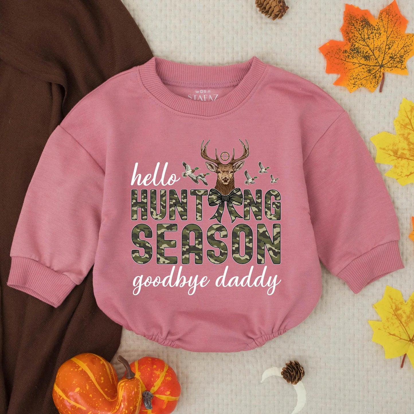 Personalized Hello Hunting Season Goodbye Daddy Baby Boy Romper with Camo Deer Head and Rifle Sight, Rustic Southern Infant Toddler Bodysuit