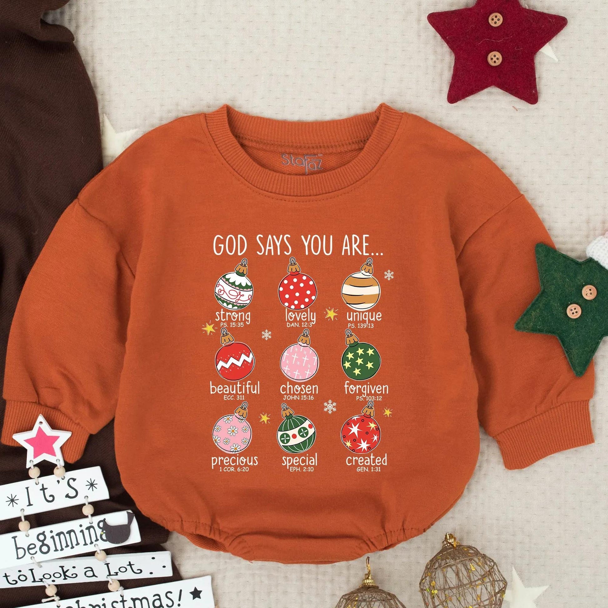 God Says You Are Christmas Baby Bubble Romper with Ornaments and Bible Verses Christian Infant Holiday Outfit Toddler First Christmas Gift