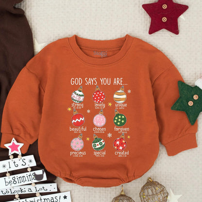 God Says You Are Christmas Baby Bubble Romper with Ornaments and Bible Verses Christian Infant Holiday Outfit Toddler First Christmas Gift