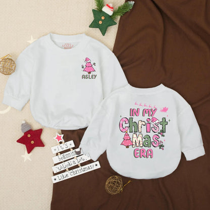 Custom Christmas Era Bubble Romper for Toddler Girl Asley Pink Green Tree Santa Hat Baby Holiday Outfit Festive Cartoon Style