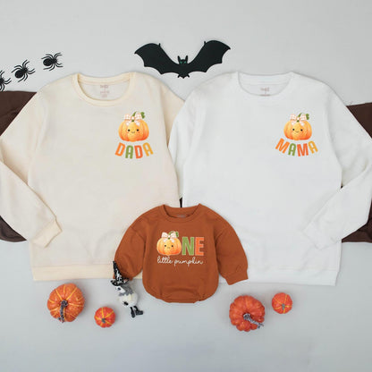 Cute Cartoon Pumpkin Family Sweatshirts Matching Autumn Outfits Mommy and Me Thanksgiving Sweaters Little Pumpkin Baby Romper