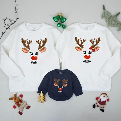 Matching Family Reindeer Christmas Sweatshirts, Personalized Xmas Sweaters, Cute Reindeer Face Design, Baby's 1st Christmas Gift