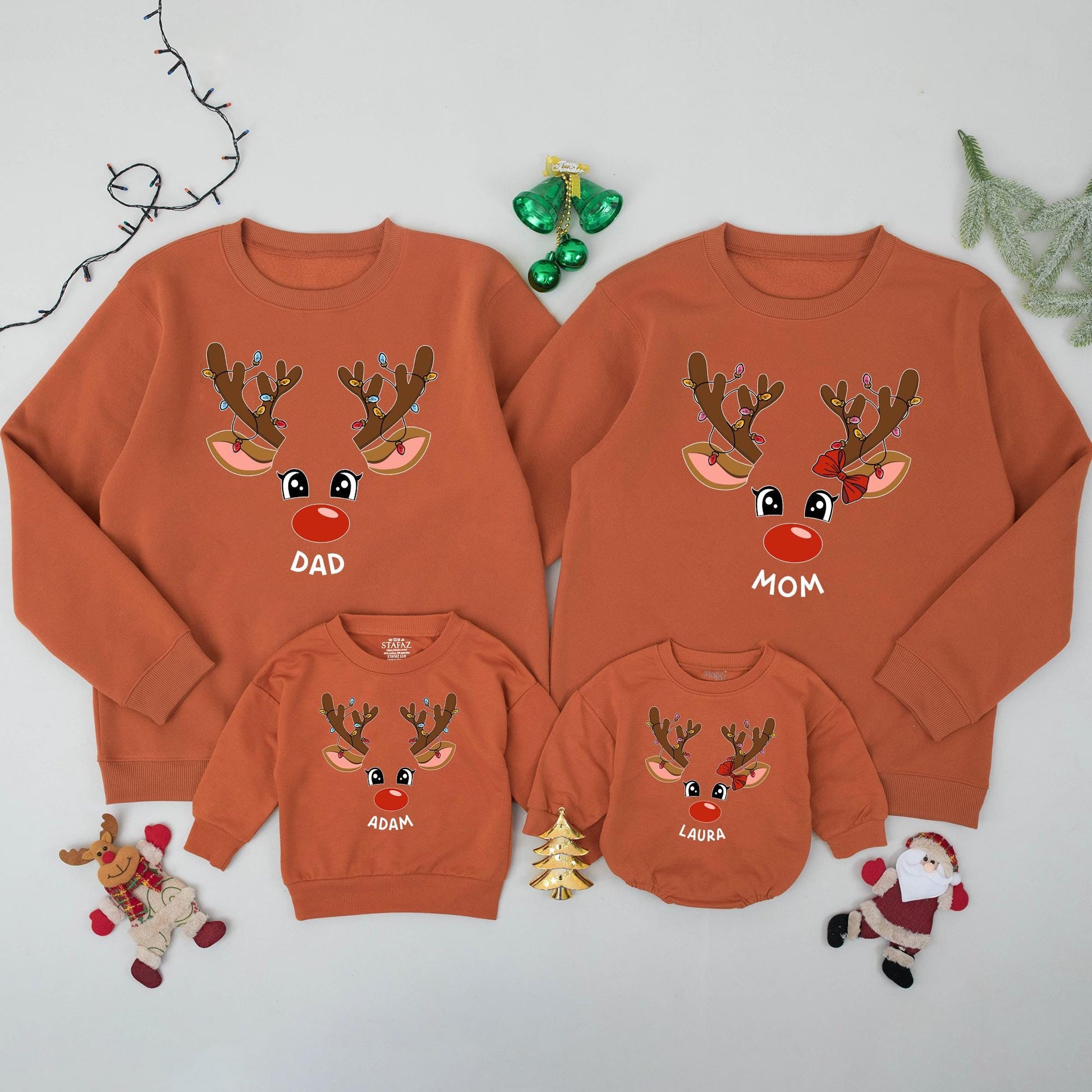 Matching Family Reindeer Christmas Sweatshirts, Personalized Xmas Sweaters, Cute Reindeer Face Design, Baby's 1st Christmas Gift