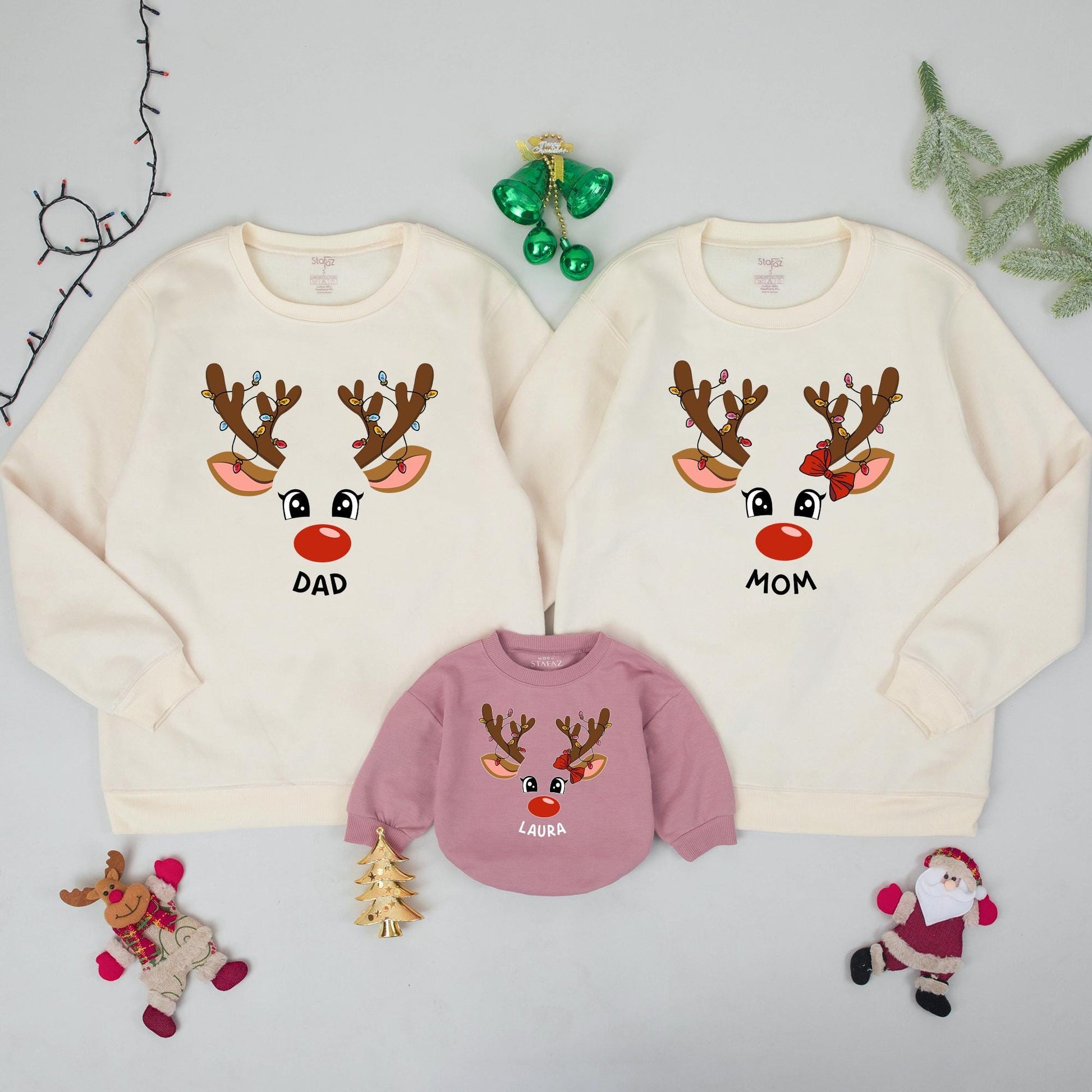 Matching Family Reindeer Christmas Sweatshirts, Personalized Xmas Sweaters, Cute Reindeer Face Design, Baby's 1st Christmas Gift