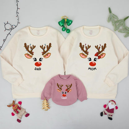 Matching Family Reindeer Christmas Sweatshirts, Personalized Xmas Sweaters, Cute Reindeer Face Design, Baby's 1st Christmas Gift