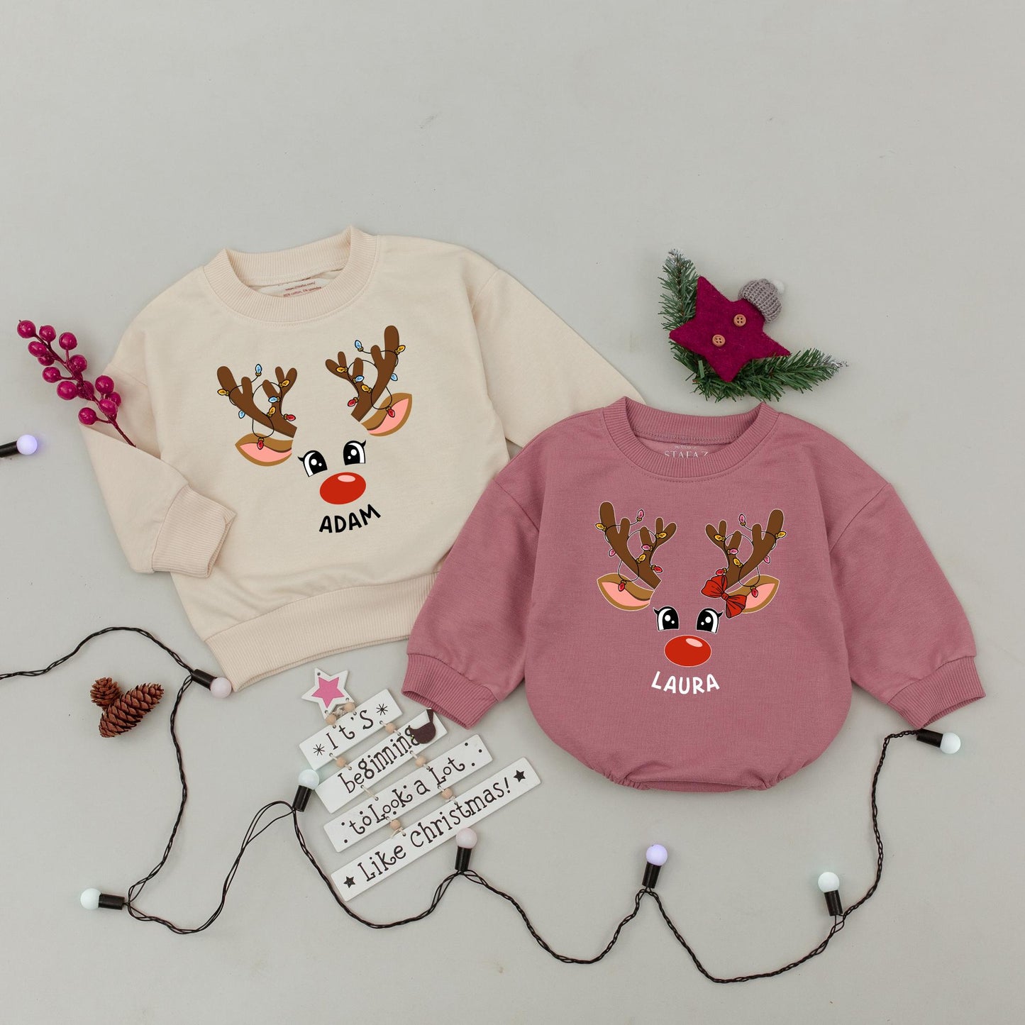 Matching Family Reindeer Christmas Sweatshirts, Personalized Xmas Sweaters, Cute Reindeer Face Design, Baby's 1st Christmas Gift