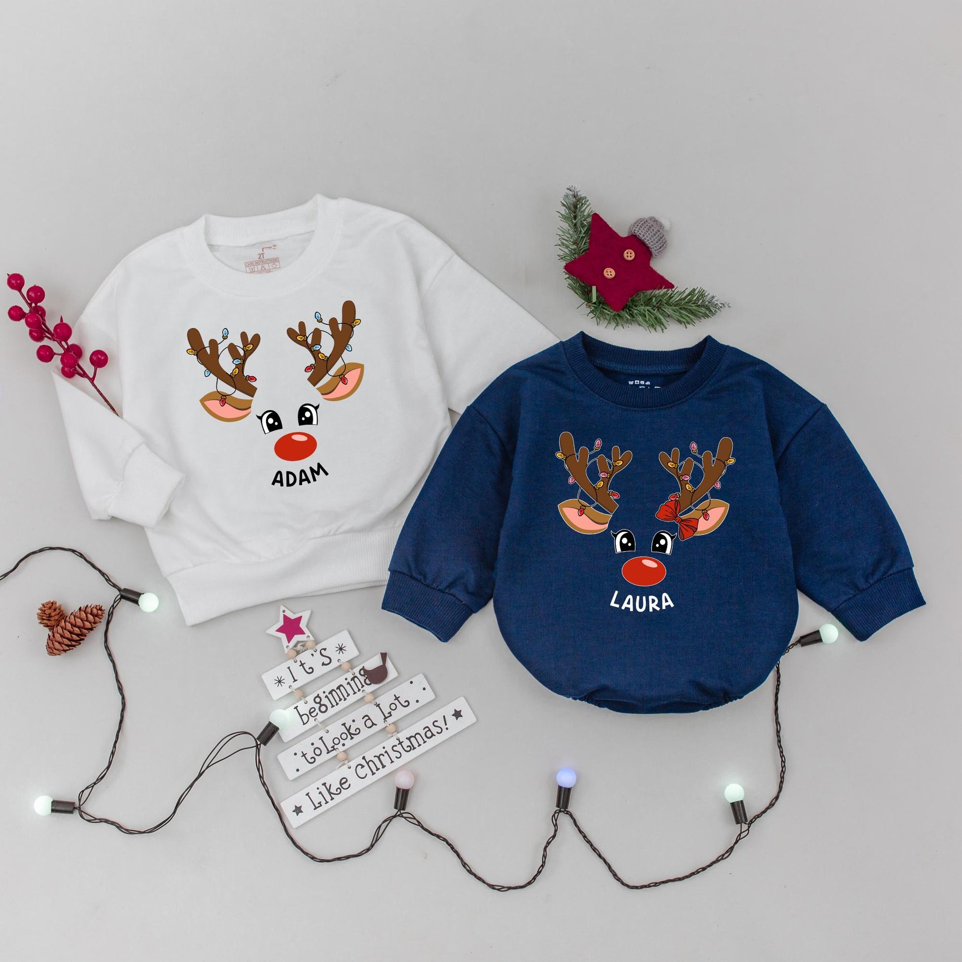 Matching Family Reindeer Christmas Sweatshirts, Personalized Xmas Sweaters, Cute Reindeer Face Design, Baby's 1st Christmas Gift
