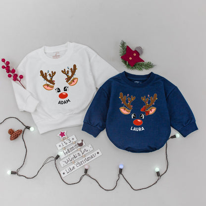 Matching Family Reindeer Christmas Sweatshirts, Personalized Xmas Sweaters, Cute Reindeer Face Design, Baby's 1st Christmas Gift