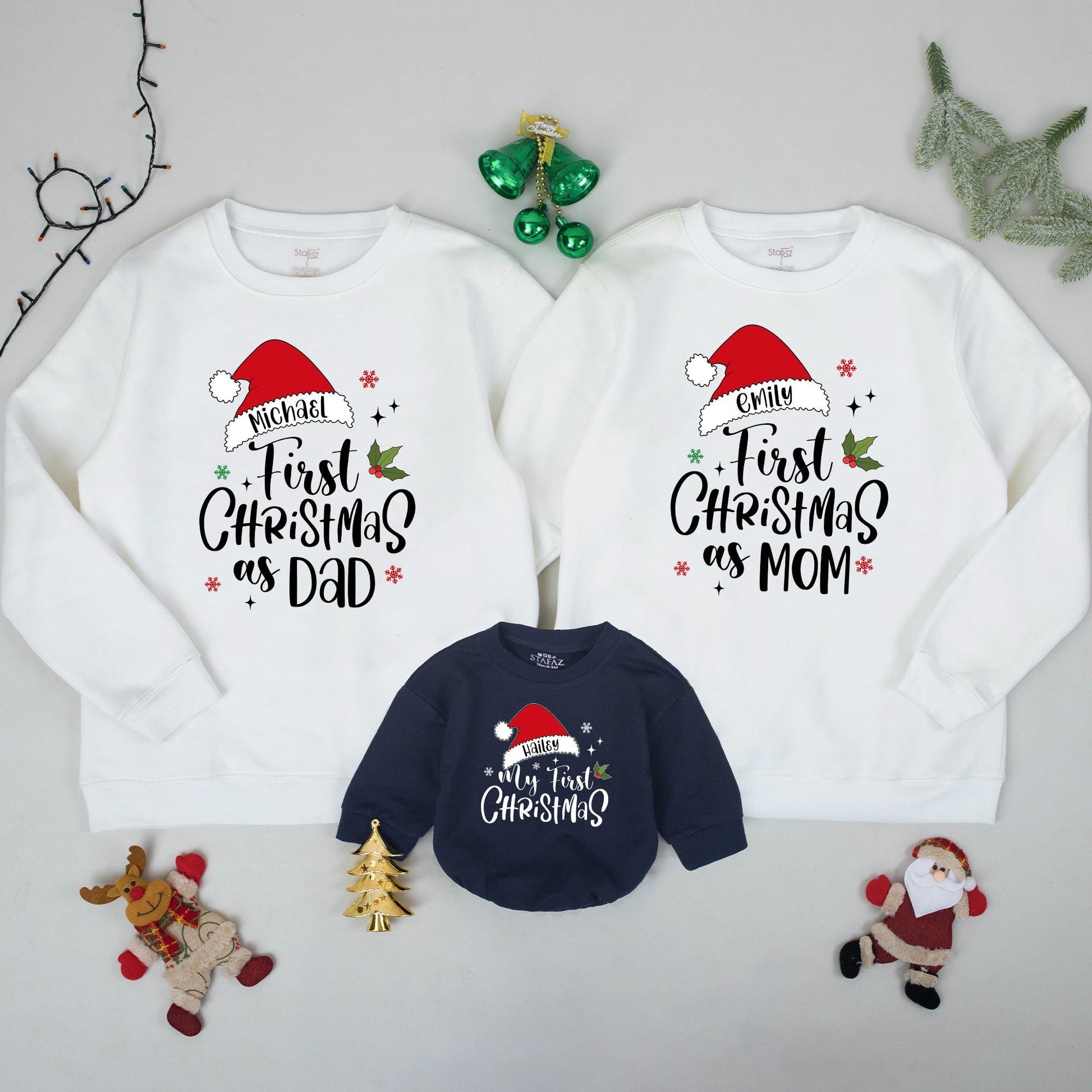 Personalized Family Christmas Sweatshirts for Baby's My First Christmas featuring Santa Hat names, Dad Mom Brother matching festive red green sweaters
