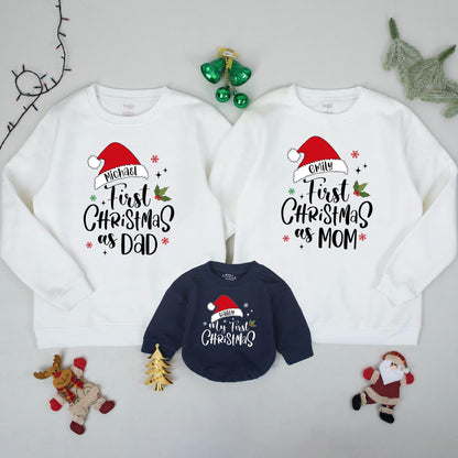 Personalized Family Christmas Sweatshirts for Baby's My First Christmas featuring Santa Hat names, Dad Mom Brother matching festive red green sweaters