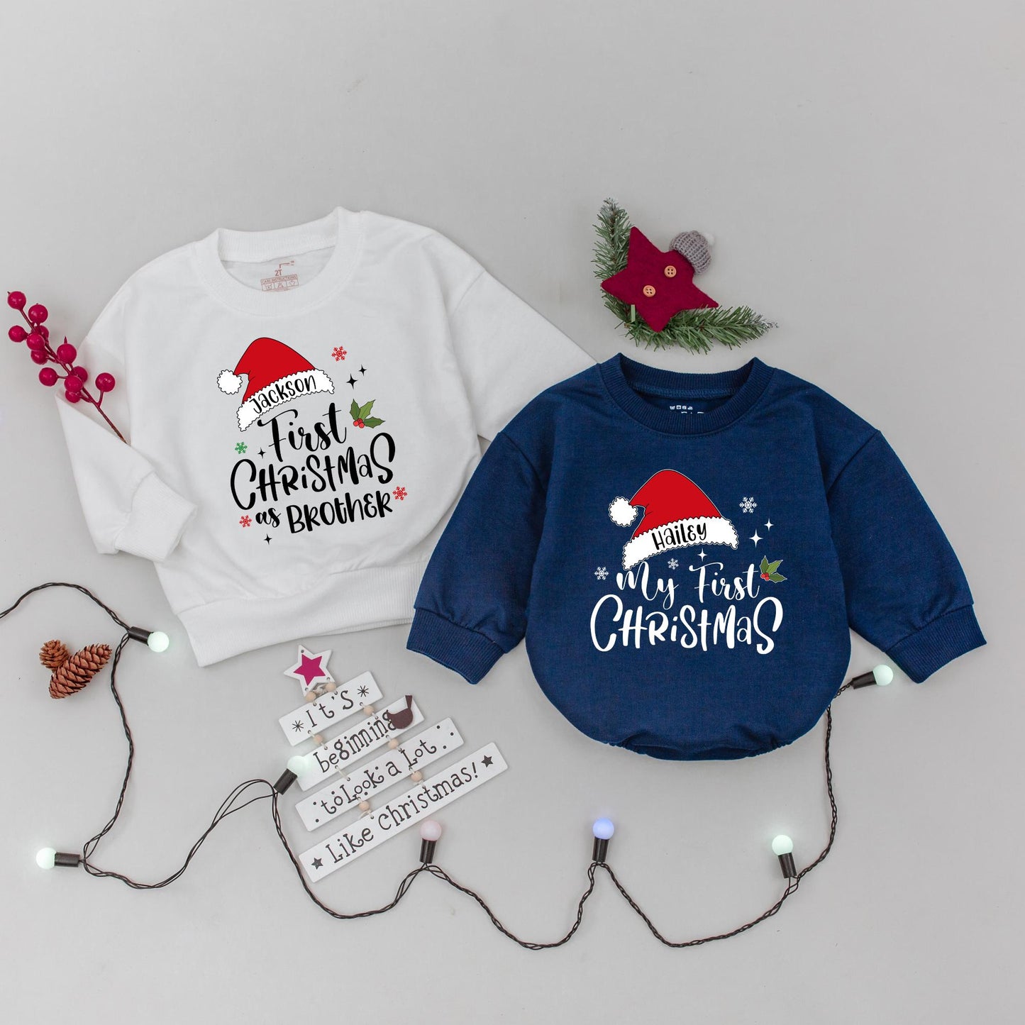 Personalized Family Christmas Sweatshirts for Baby's My First Christmas featuring Santa Hat names, Dad Mom Brother matching festive red green sweaters