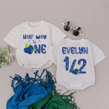Berry Sweet Half Birthday Romper Blueberry Design, Personalized 1/2 Way to One Outfit, 6 Months Cake Smash Bodysuit, Girl Boy Retro Birthday Gift Idea