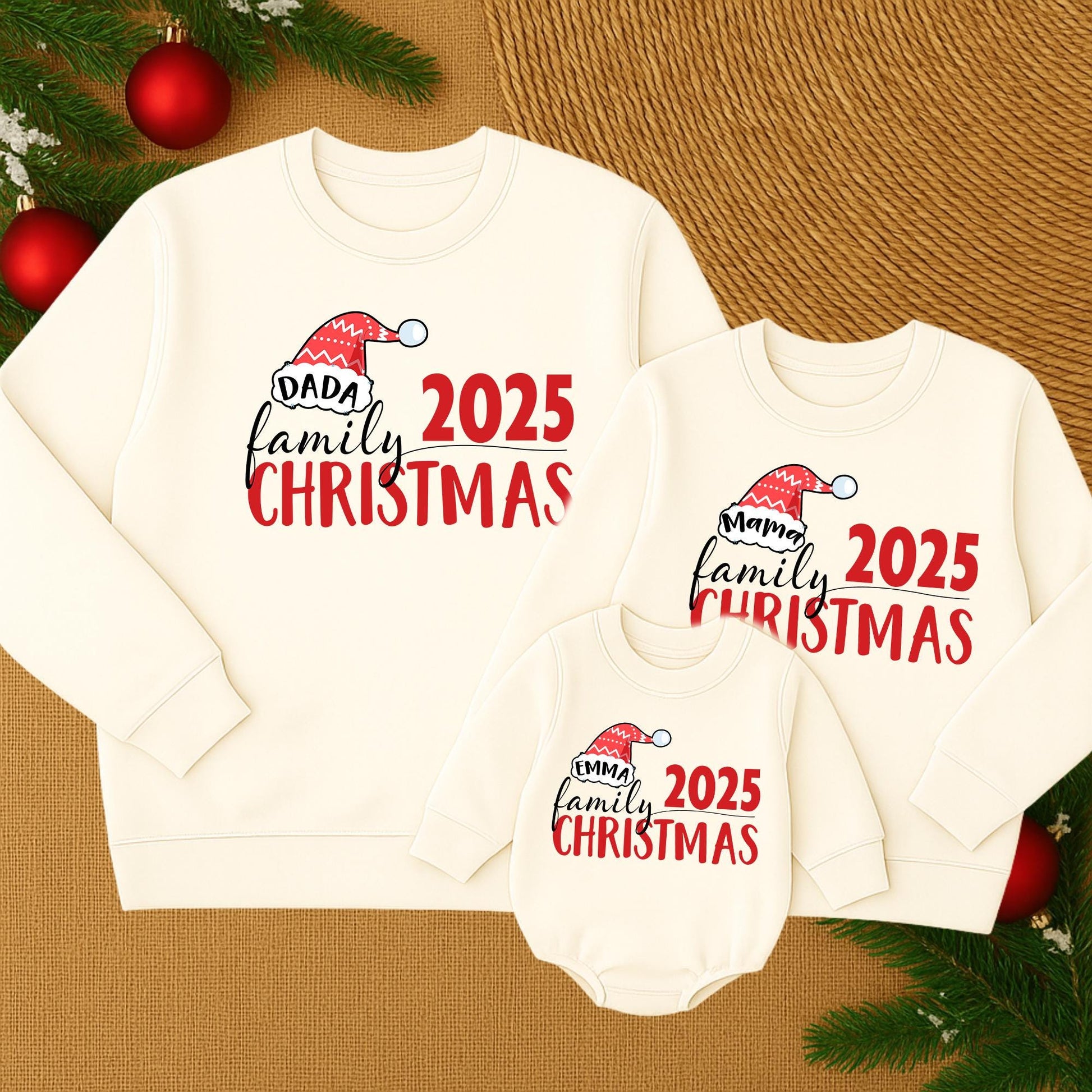 Matching Family Christmas 2025 Sweatshirts Mama Emma, Holiday Outfits, Festive Santa Hat Clothes, Custom Christmas Matching Clothes Outfit Set