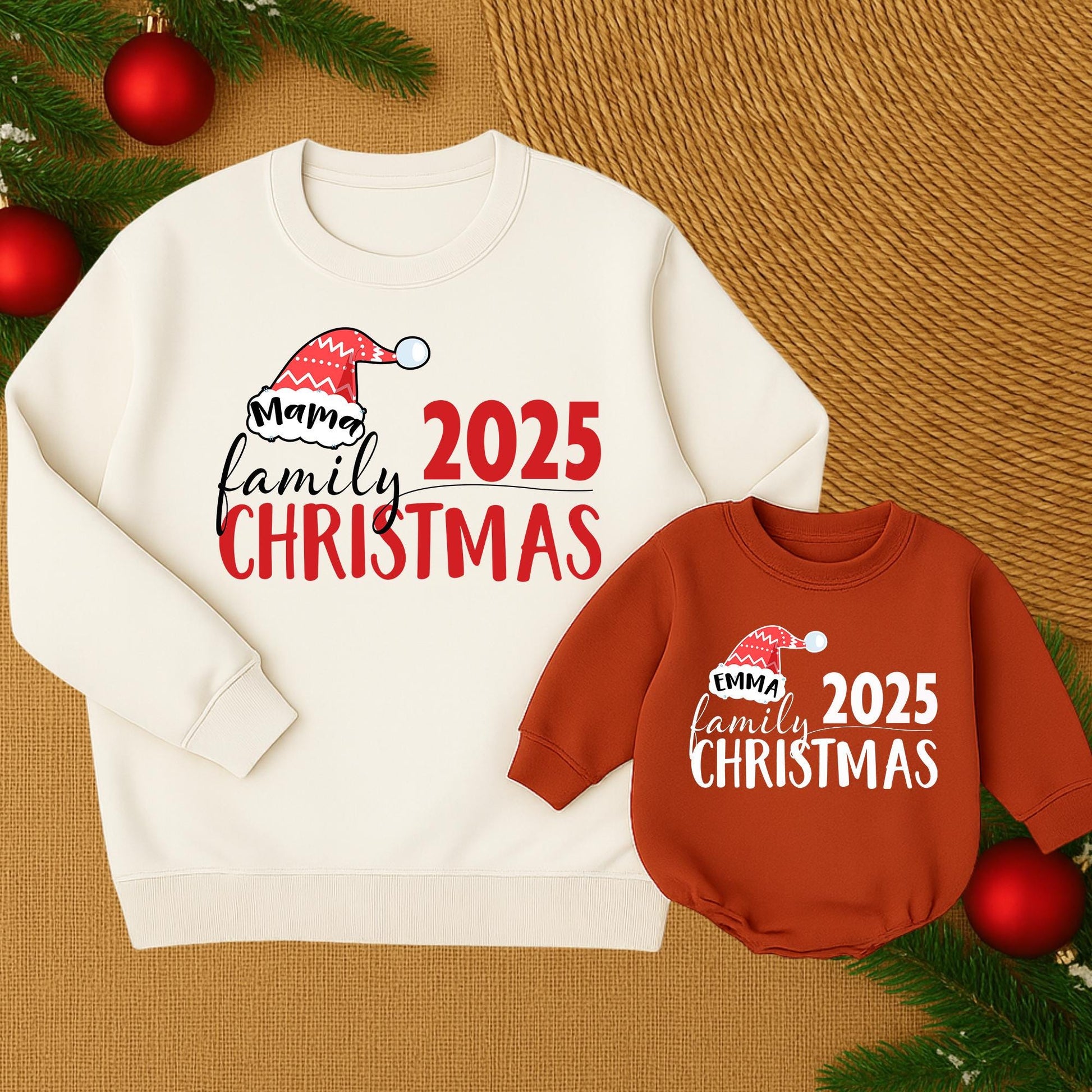 Matching Family Christmas 2025 Sweatshirts Mama Emma, Holiday Outfits, Festive Santa Hat Clothes, Custom Christmas Matching Clothes Outfit Set