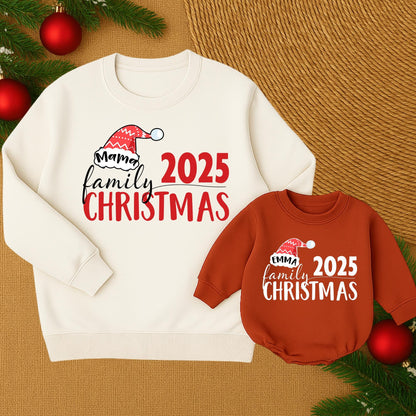 Matching Family Christmas 2025 Sweatshirts Mama Emma, Holiday Outfits, Festive Santa Hat Clothes, Custom Christmas Matching Clothes Outfit Set