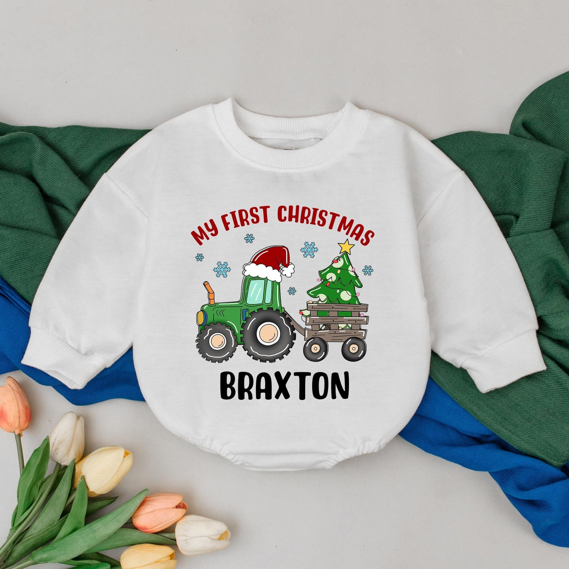 Personalized My First Christmas Tractor Romper, Custom Baby Name Bodysuit, Xmas Outfit, Winter Clothes, Cute Tractor Design, Baby Shower Gift (139 chars)