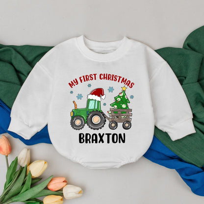 Personalized My First Christmas Tractor Romper, Custom Baby Name Bodysuit, Xmas Outfit, Winter Clothes, Cute Tractor Design, Baby Shower Gift (139 chars)