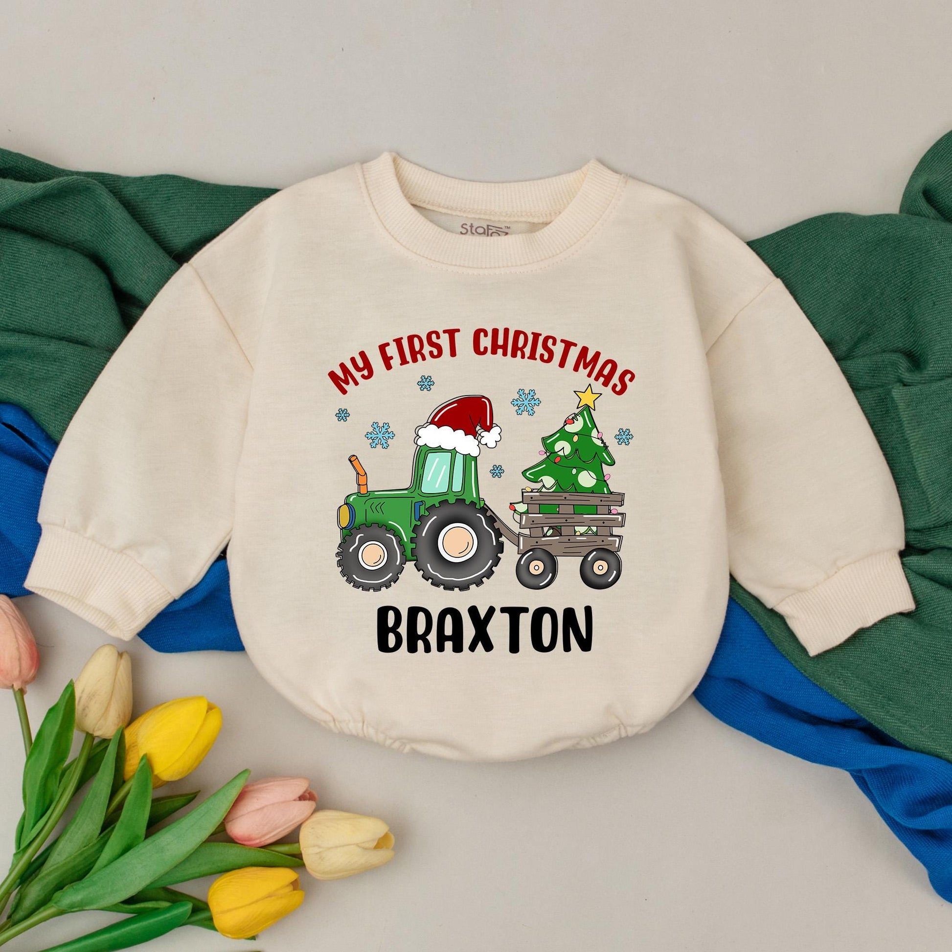 Personalized My First Christmas Tractor Romper, Custom Baby Name Bodysuit, Xmas Outfit, Winter Clothes, Cute Tractor Design, Baby Shower Gift (139 chars)