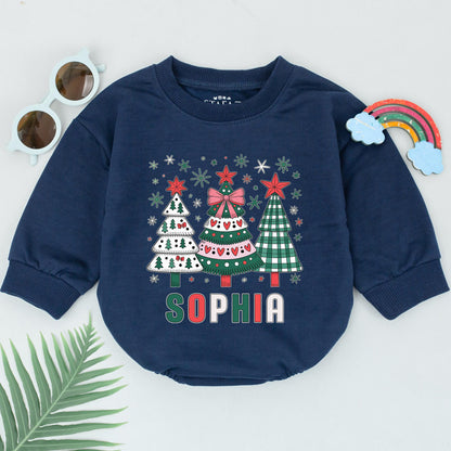 Personalized Name First Christmas Romper Retro Christmas Tree Baby Girl Bodysuit Winter Outfit Custom Xmas Holiday Gift