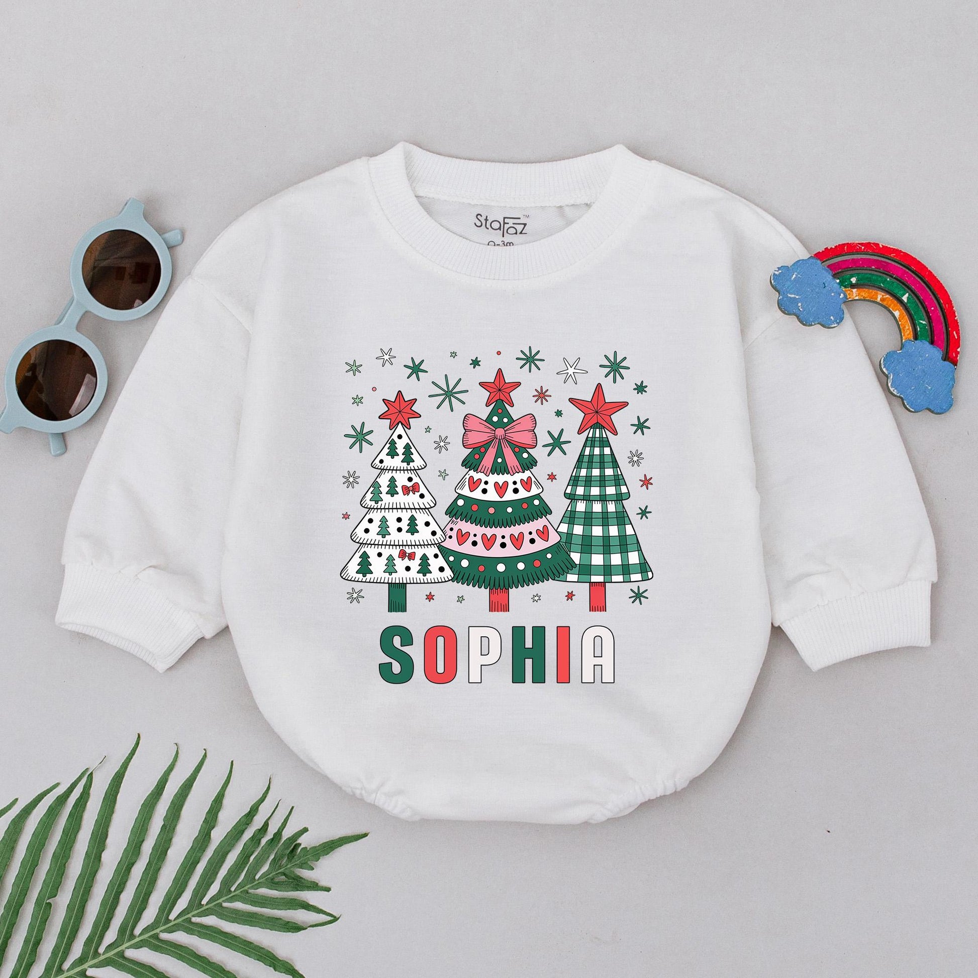 Personalized Name First Christmas Romper Retro Christmas Tree Baby Girl Bodysuit Winter Outfit Custom Xmas Holiday Gift