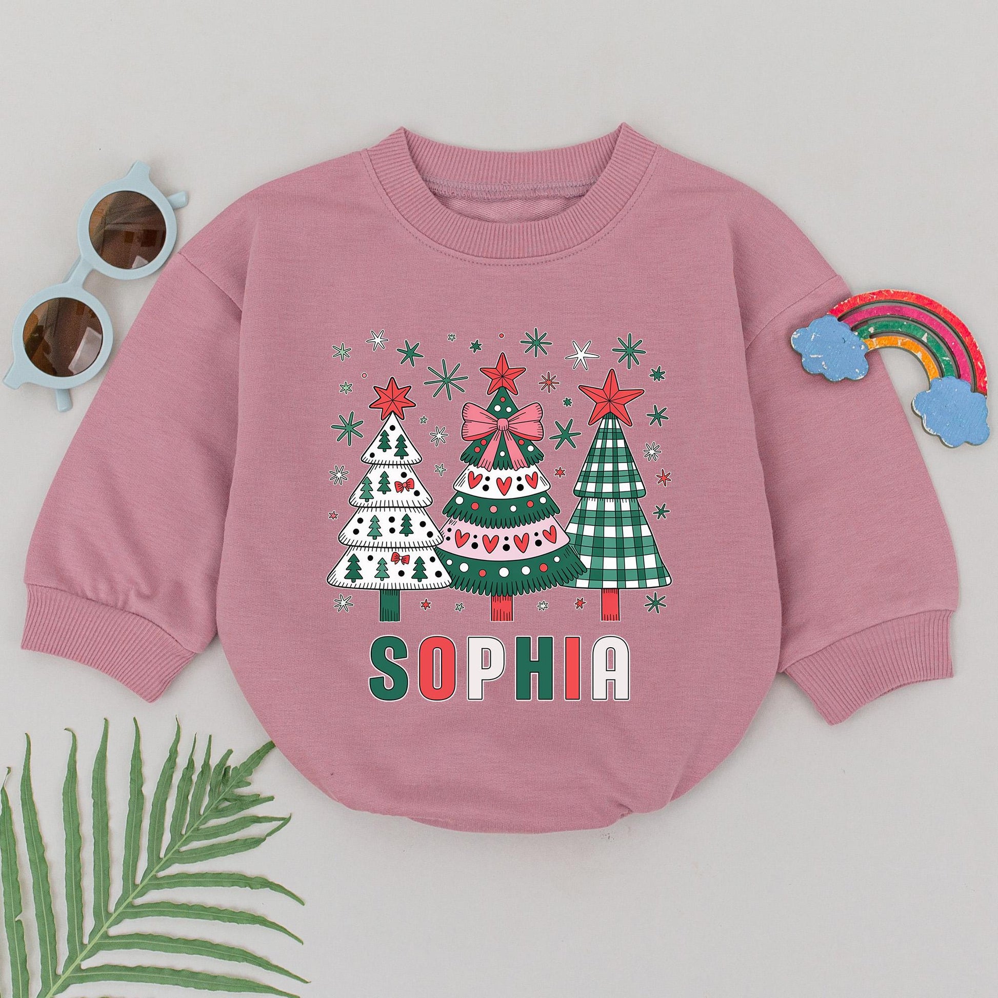 Personalized Name First Christmas Romper Retro Christmas Tree Baby Girl Bodysuit Winter Outfit Custom Xmas Holiday Gift
