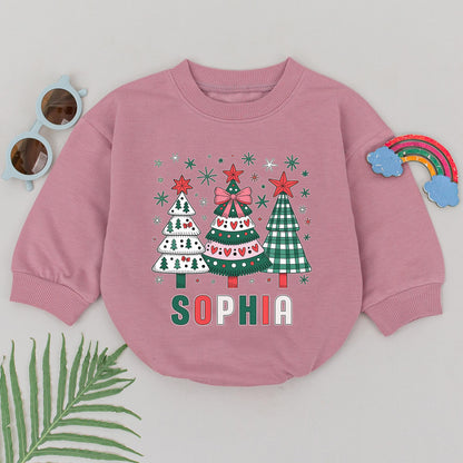 Personalized Name First Christmas Romper Retro Christmas Tree Baby Girl Bodysuit Winter Outfit Custom Xmas Holiday Gift