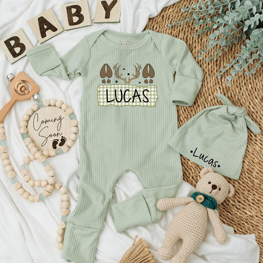 Personalized Deer Hunting Baby Bodysuit Name Lucas Rustic Gingham Newborn Fall Clothes Deer Tracks Antlers Stars Baby Shower Gift
