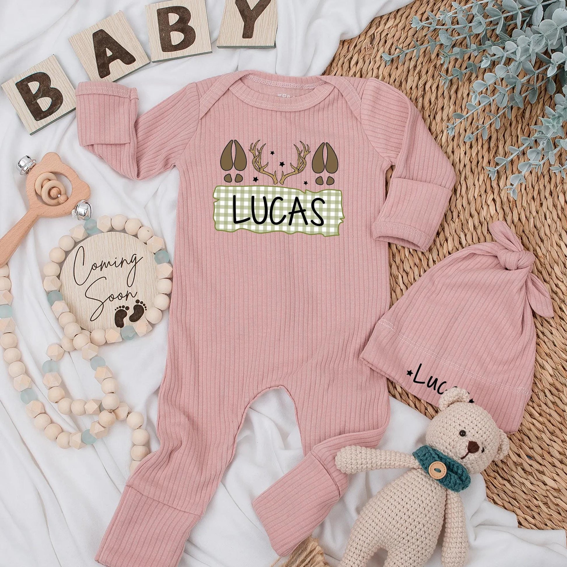 Personalized Deer Hunting Baby Bodysuit Name Lucas Rustic Gingham Newborn Fall Clothes Deer Tracks Antlers Stars Baby Shower Gift