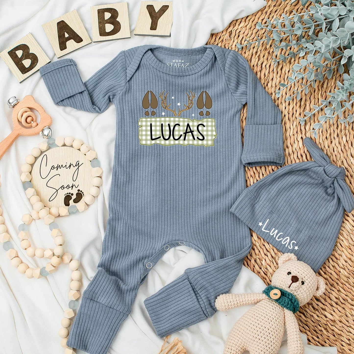 Personalized Deer Hunting Baby Bodysuit Name Lucas Rustic Gingham Newborn Fall Clothes Deer Tracks Antlers Stars Baby Shower Gift