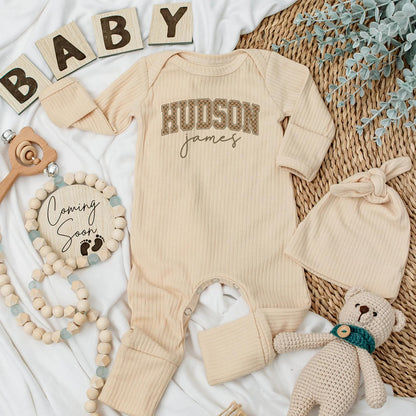 Hudson James Personalized Bodysuit Modern Collegiate Checkered Script Custom Newborn Clothes Baby Shower Gift Gender Neutral Coming Home Outfit