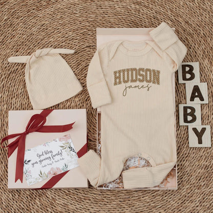 Hudson James Personalized Bodysuit Modern Collegiate Checkered Script Custom Newborn Clothes Baby Shower Gift Gender Neutral Coming Home Outfit
