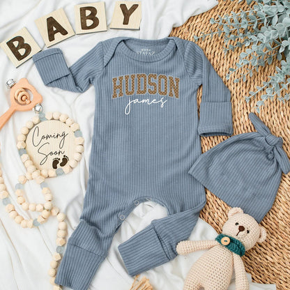Hudson James Personalized Bodysuit Modern Collegiate Checkered Script Custom Newborn Clothes Baby Shower Gift Gender Neutral Coming Home Outfit