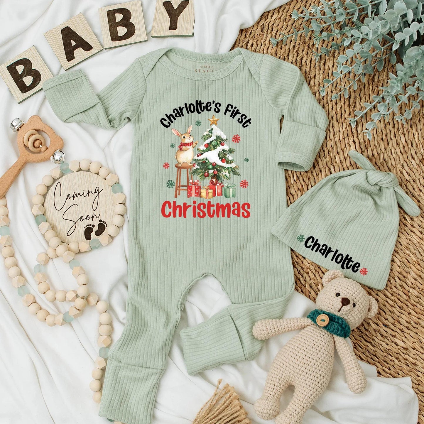 Charlotte's First Christmas Bodysuit Personalized Baby Outfit, Watercolor Rabbit Newborn Gift, Cute Holiday Bodysuit, Christmas Baby Announcement 138