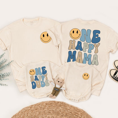 One Happy Dude 1st Birthday Shirt Retro Smiley Face Matching Family Outfits Baby Boy Yellow Lightning Bolt Design Mama Daddy Tee