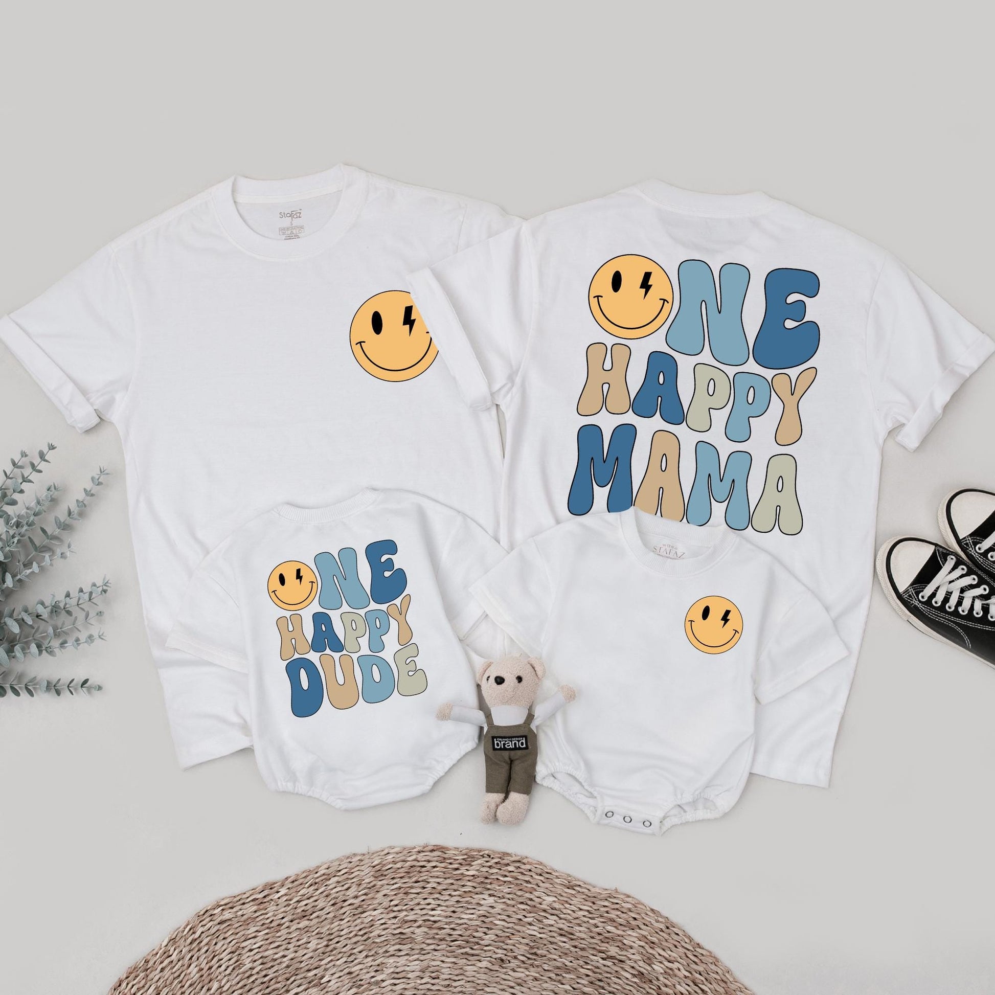 One Happy Dude 1st Birthday Shirt Retro Smiley Face Matching Family Outfits Baby Boy Yellow Lightning Bolt Design Mama Daddy Tee