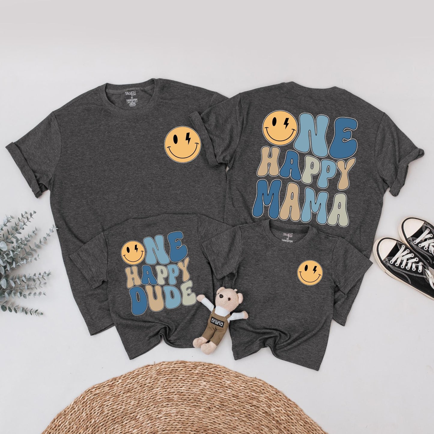 One Happy Dude 1st Birthday Shirt Retro Smiley Face Matching Family Outfits Baby Boy Yellow Lightning Bolt Design Mama Daddy Tee