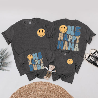 One Happy Dude 1st Birthday Shirt Retro Smiley Face Matching Family Outfits Baby Boy Yellow Lightning Bolt Design Mama Daddy Tee